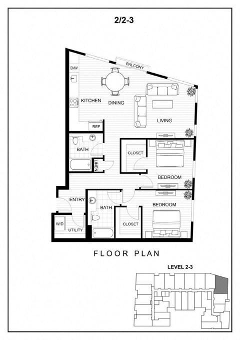 Floor plan for 2 beds, 2 baths, 1139 sqft